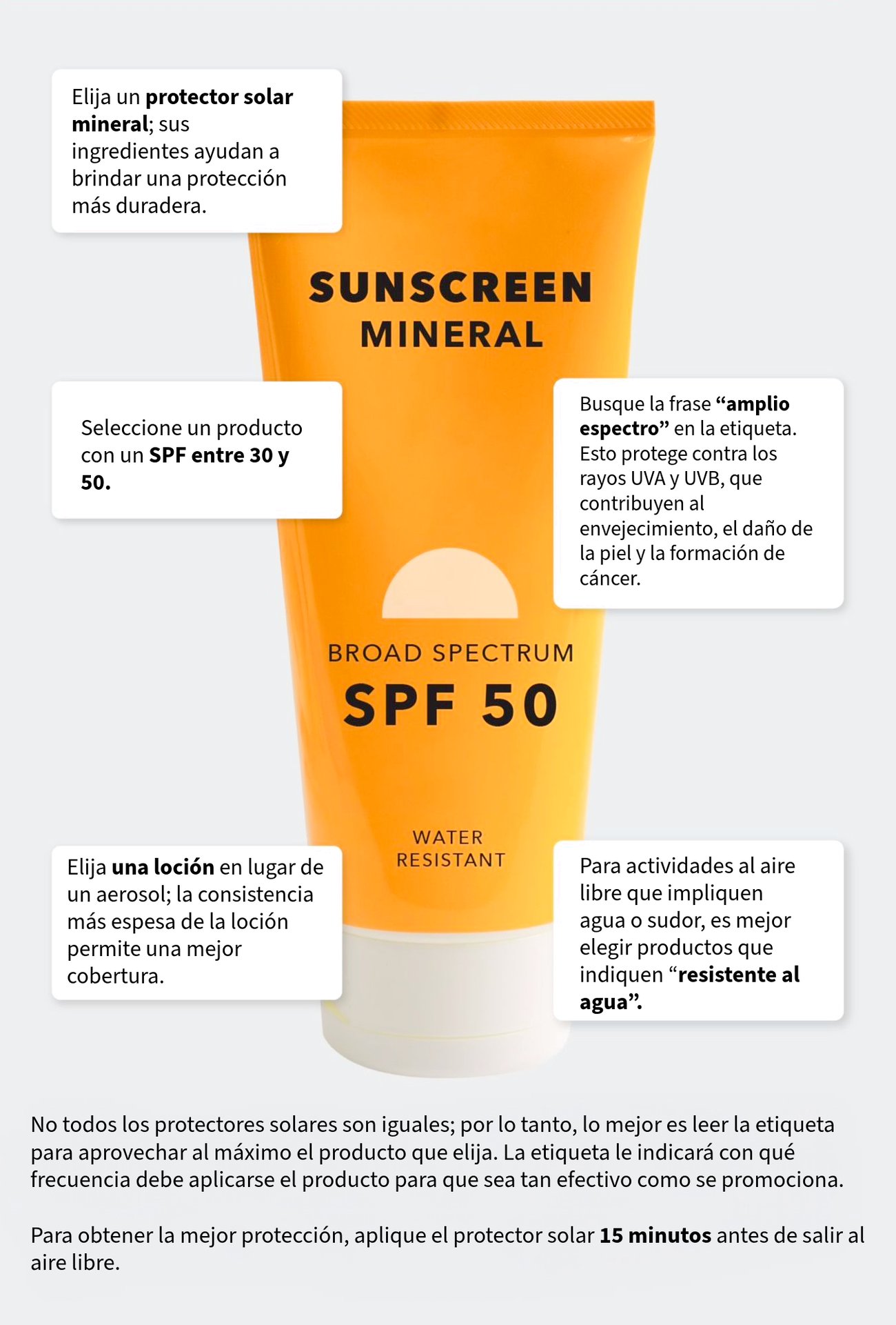 Elija un protector solar mineral; sus ingredientes ayudan a brindar una protección más duradera. Busque la frase “amplio espectro” en la etiqueta. Esto protege contra los rayos UVA y UVB, que contribuyen al envejecimiento, el daño de la piel y la formación de cáncer. Seleccione un producto con un SPF entre 30 y 50. Elija una loción en lugar de un aerosol; la consistencia más espesa de la loción permite una mejor cobertura. Para actividades al aire libre que impliquen agua o sudor, es mejor elegir productos que indiquen “resistente al agua”. No todos los protectores solares son iguales; por lo tanto, lo mejor es leer la etiqueta para aprovechar al máximo el producto que elija. La etiqueta le indicará con qué frecuencia debe aplicarse el producto para que sea tan efectivo como se promociona. Para obtener la mejor protección, aplique el protector solar 15 minutos antes de salir al aire libre. Elija un protector solar mineral; sus ingredientes ayudan a brindar una protección más duradera. Busque la frase “amplio espectro” en la etiqueta. Esto protege contra los rayos UVA y UVB, que contribuyen al envejecimiento, el daño de la piel y la formación de cáncer. Seleccione un producto con un SPF entre 30 y 50. Elija una loción en lugar de un aerosol; la consistencia más espesa de la loción permite una mejor cobertura. Para actividades al aire libre que impliquen agua o sudor, es mejor elegir productos que indiquen “resistente al agua”. No todos los protectores solares son iguales; por lo tanto, lo mejor es leer la etiqueta para aprovechar al máximo el producto que elija. La etiqueta le indicará con qué frecuencia debe aplicarse el producto para que sea tan efectivo como se promociona. Para obtener la mejor protección, aplique el protector solar 15 minutos antes de salir al aire libre.