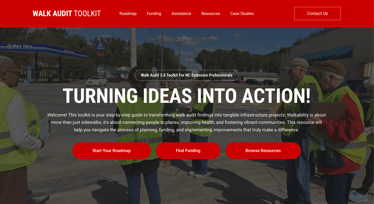 Screenshot of the Walk Audit Toolkit homepage featuring the headline "Turning Ideas Into Action!" over a background photo of a group of adults wearing yellow safety vests gathered on a sidewalk near a commercial street. Red navigation buttons read "Start Your Roadmap," "Find Funding," and "Browse Resources."