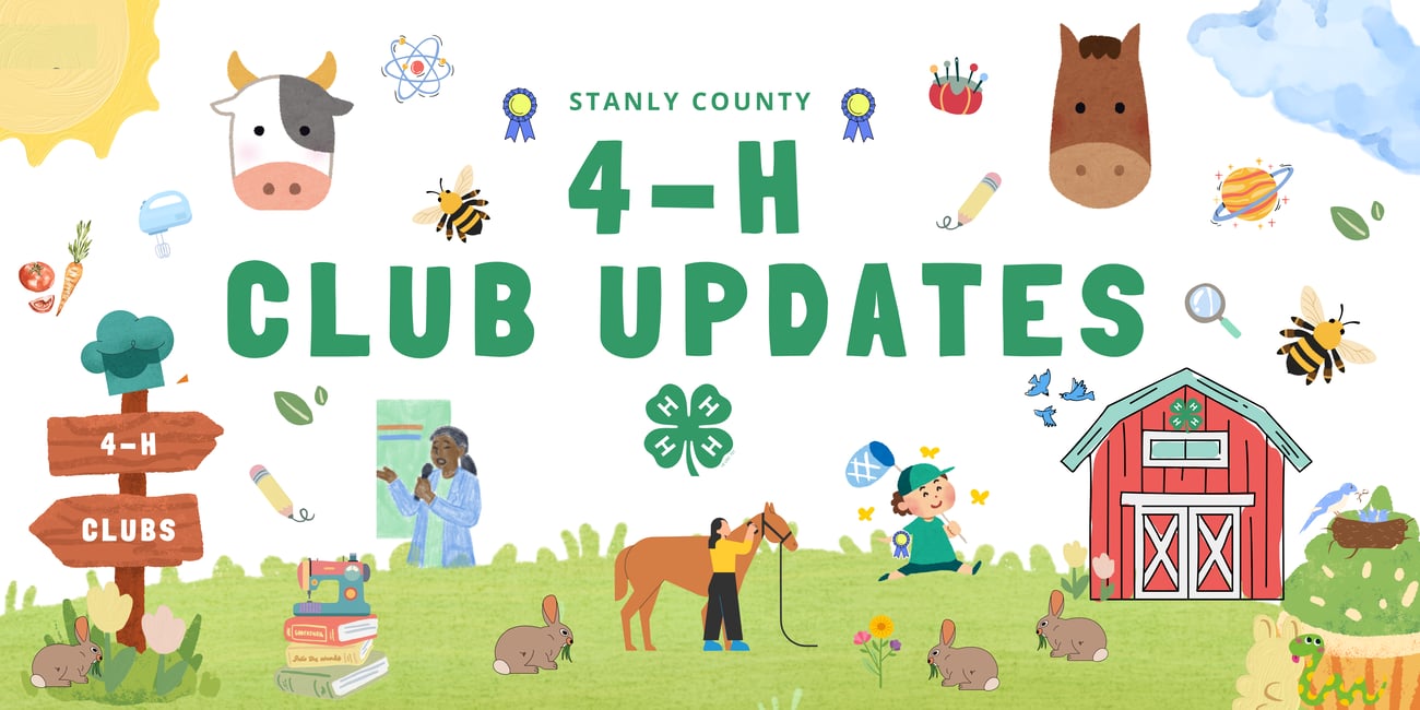 A bright, illustrated graphic titled "Stanly County 4-H Club Updates" in large green lettering against a white background. The bottom half features a grassy field scene with a red barn, a wooden signpost reading "4-H Clubs," and various 4-H members engaged in activities like public speaking, grooming a horse, and catching butterflies. The image is surrounded by playful, colorful doodles representing different 4-H project areas, including a cow and horse head, bees, a sewing machine stacked on books, a telescope, a planet, an atom, and fresh vegetables. The official green 4-H clover logo sits in the center.