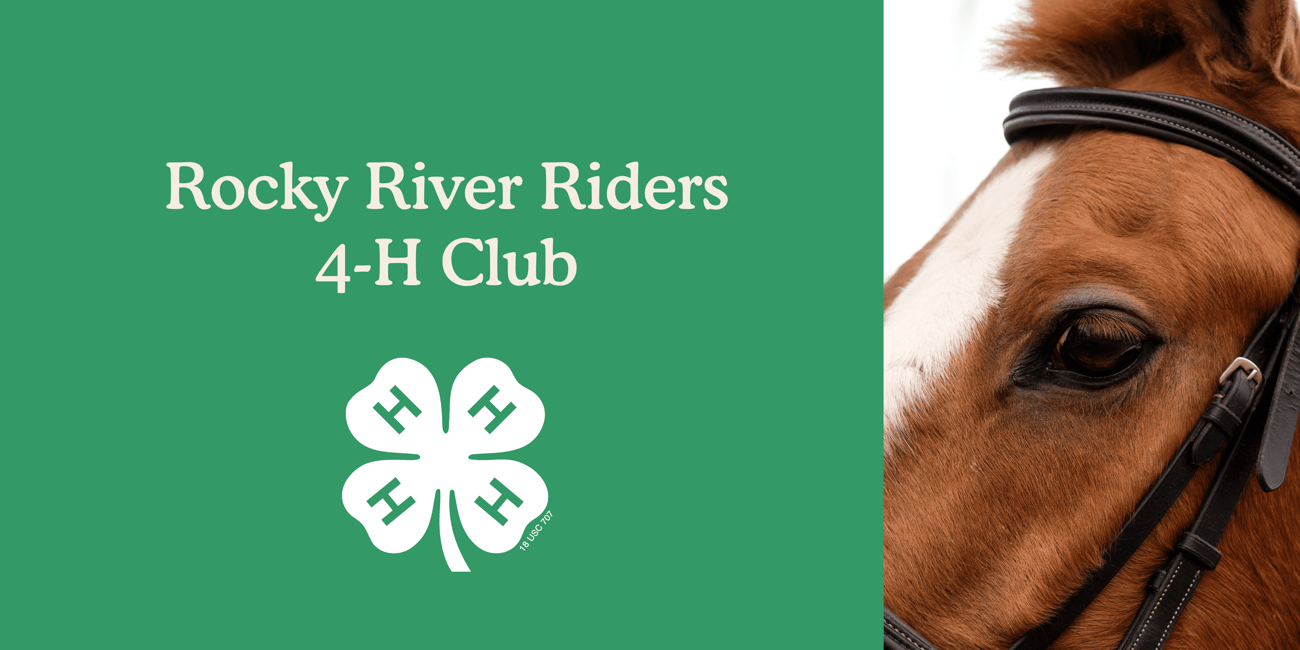 title banner rocky river riders 4-H club with 4-H clover and image of the face of a horse