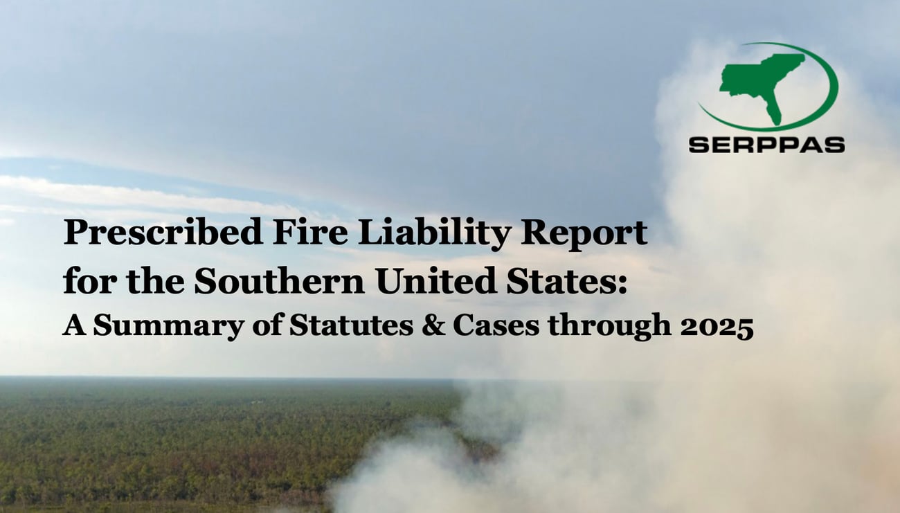 The cover image of a regional presentation or report title slide about prescribed fire liability laws. The Text: Large, bold black serif text on the left side of the slide reads: "Prescribed Fire Liability Report for the Southern United States: A Summary of Statutes & Cases through 2025." The Background: The background is an aerial, high-angle photograph looking across a vast, flat expanse of a green forest canopy. On the right side of the frame, a large column of thick, white smoke from a prescribed fire rises into a light blue sky dotted with soft clouds. The Logo: In the upper right corner sits the SERPPAS (Southeast Regional Partnership for Planning and Sustainability) logo, which features a green circular emblem containing a map silhouette of the southeastern United States above
the word "SERPPAS" in bold black capital letters.