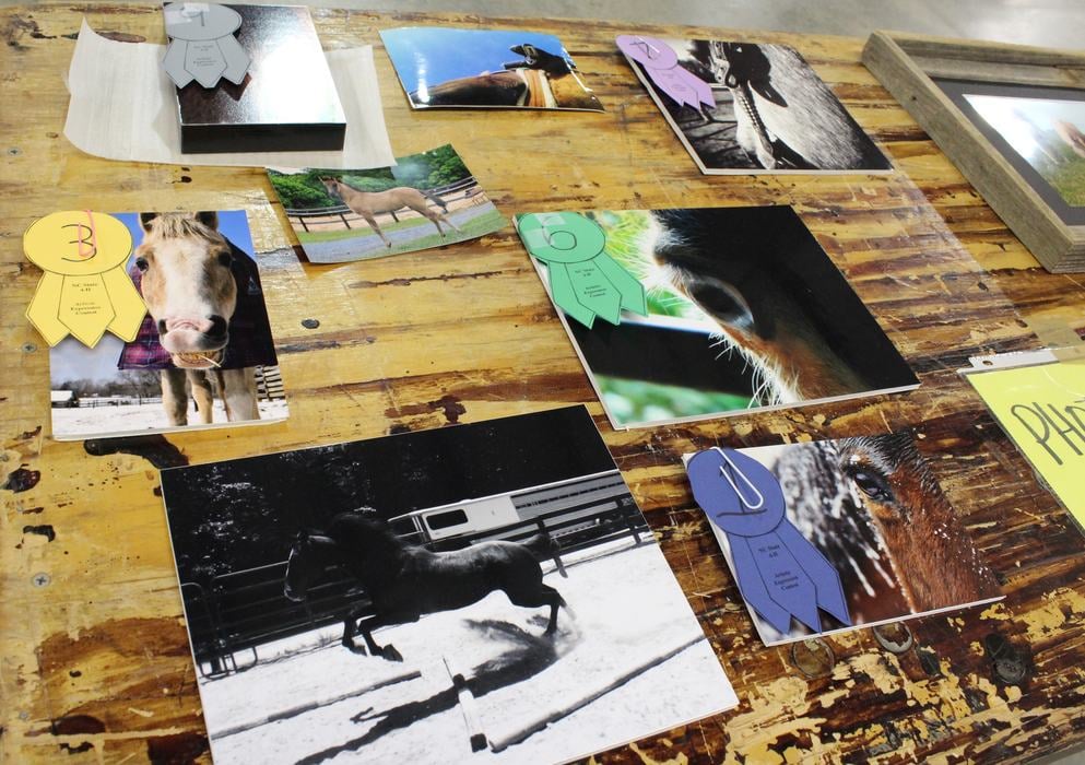 Entries are displayed on a wooden table, with judging ribbons placed on some photos to indicate winners.