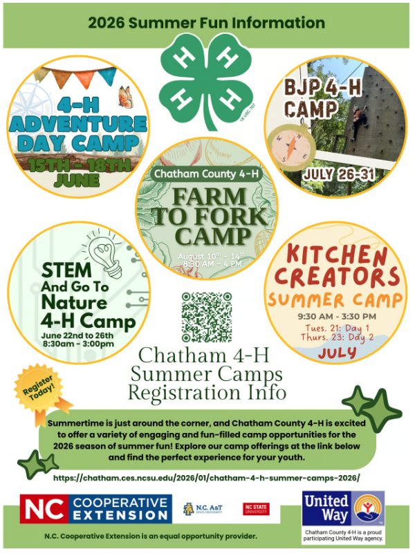 4-H flyer announcing summer camps that are being offered this summer. 4-H Adventure Day Camp, Chatham County 4-H Farm to Fork Camp, BJP 4-H Camp, Stem and Go to Nature 4-H Camp, and Kitchen Creators Summer Camp.