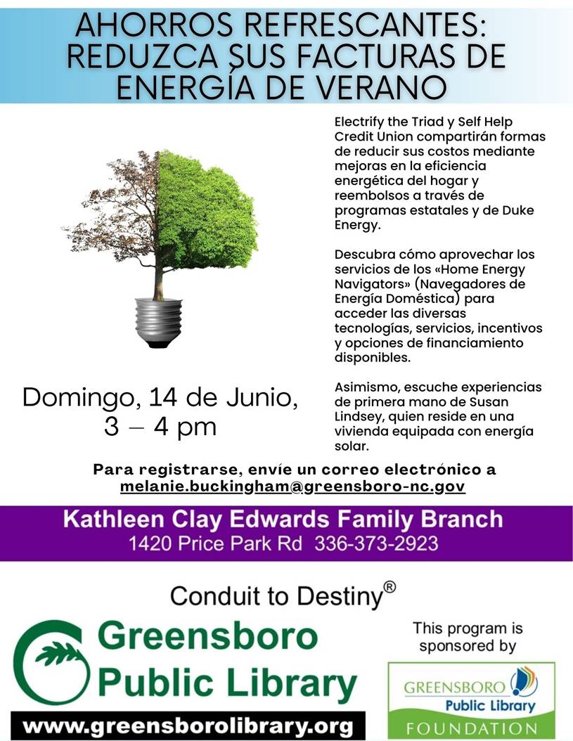 Electrify the Triad y Self-Help Credit Union compartirán maneras de reducir sus costos mediante mejoras en la eficiencia energética de su hogar. Electrify the Triad y Self-Help Credit Union compartirán maneras de reducir sus costos mediante mejoras en la eficiencia energética de su hogar y reembolsos a través de programas estatales y Duke Energy. Aprenda cómo utilizar los Asesores de Energía para el Hogar, quienes guiarán a los propietarios a través de las complejidades de las diversas tecnologías, servicios, incentivos y opciones de financiamiento disponibles. Además, escuche la experiencia de primera mano de Susan Lindsey, quien vive en una casa con energía solar.
