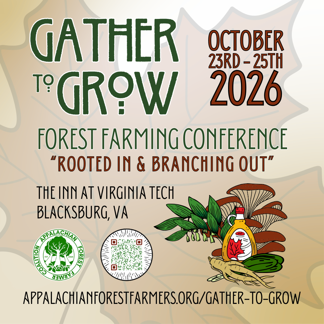 Flyer for Gather to Grow forest farming conference. "Rooted in and branching out"