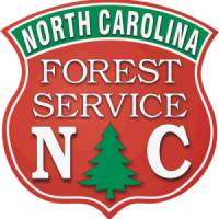 The official logo of the North Carolina Forest Service. It is a shield-shaped emblem featuring a red background with a white and red border. An arched green banner at the top reads "NORTH CAROLINA" in white capital letters. The center of the shield contains the words "FOREST SERVICE" in white, positioned above the large white letters "N" and "C," which flank a stylized green evergreen tree icon.