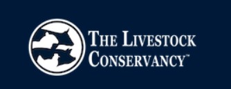 The Livestock Conservancy logo featuring a navy blue and white emblem containing the clean, stylized line art outlines of a cow, sheep, pig, and chicken.