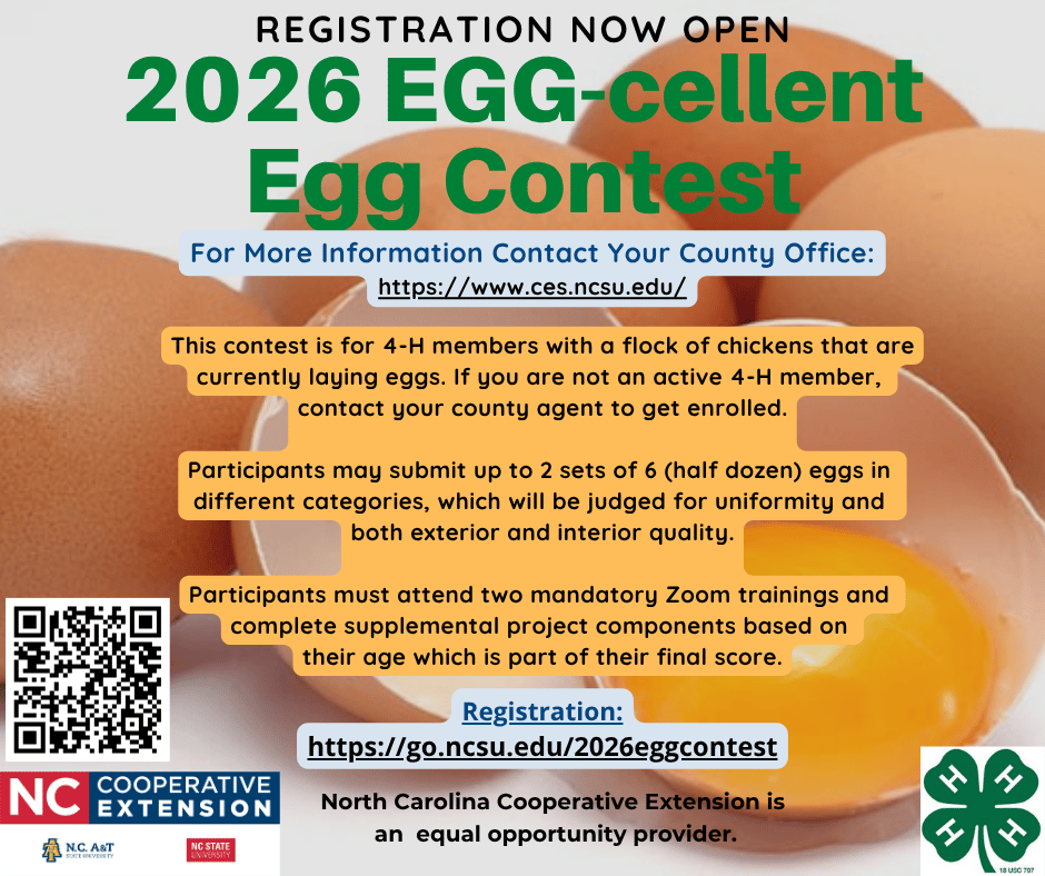 four whole brown eggs, and one open with the yolk showing, the N.C. Cooperative Extension logo, the 4-H clover and a QR code
