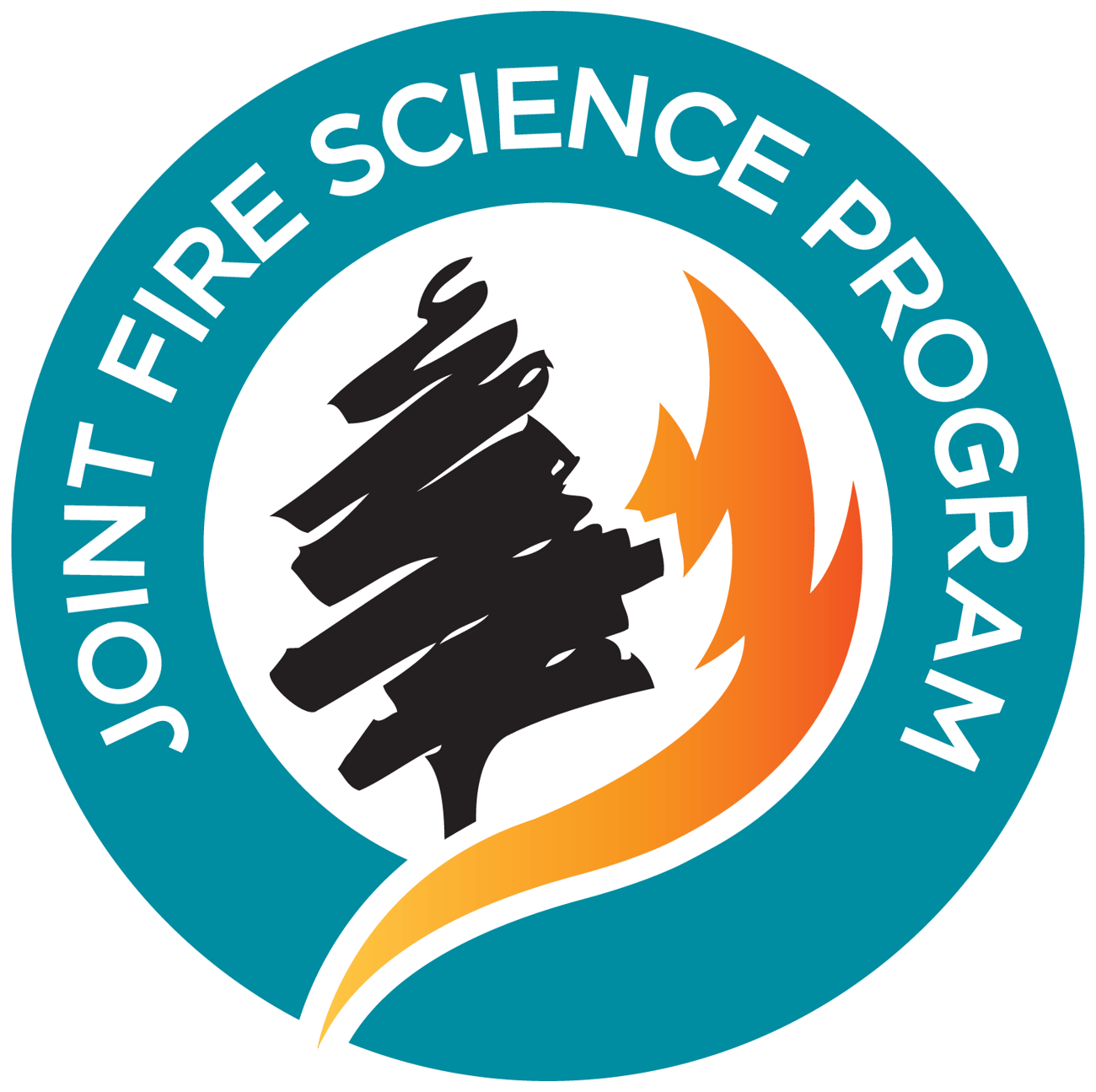 Circular logo for the Joint Fire Science Program featuring a teal border with white text. Inside the inner white circle is a stylized black pine tree graphic next to a vibrant orange and yellow flame.