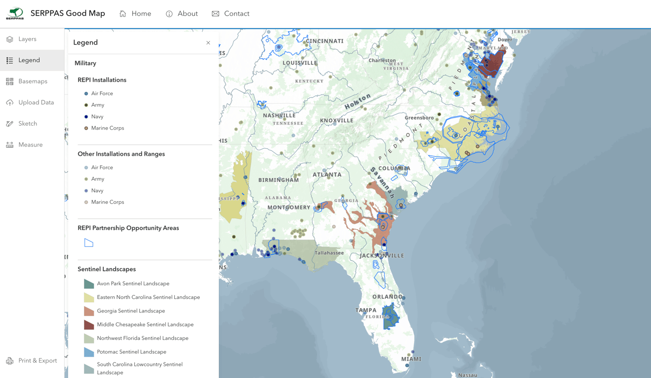 Screenshot of the SERPPAS Good Map web interface showing an interactive map of the Southeastern United States. The left panel displays a legend featuring categories like military installations and Sentinel Landscapes. The main map highlights colored regional data layers across states from Florida to Maryland.