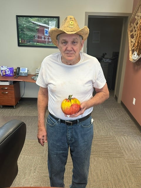 image of tomato contest winner with his prize winning tomato