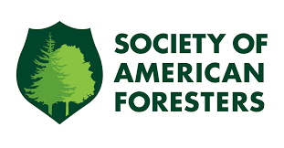 Official logo for the Society of American Foresters, featuring a dark green shield emblem containing light green silhouettes of a conifer and a deciduous tree, alongside bold green text reading "SOCIETY OF AMERICAN FORESTERS".