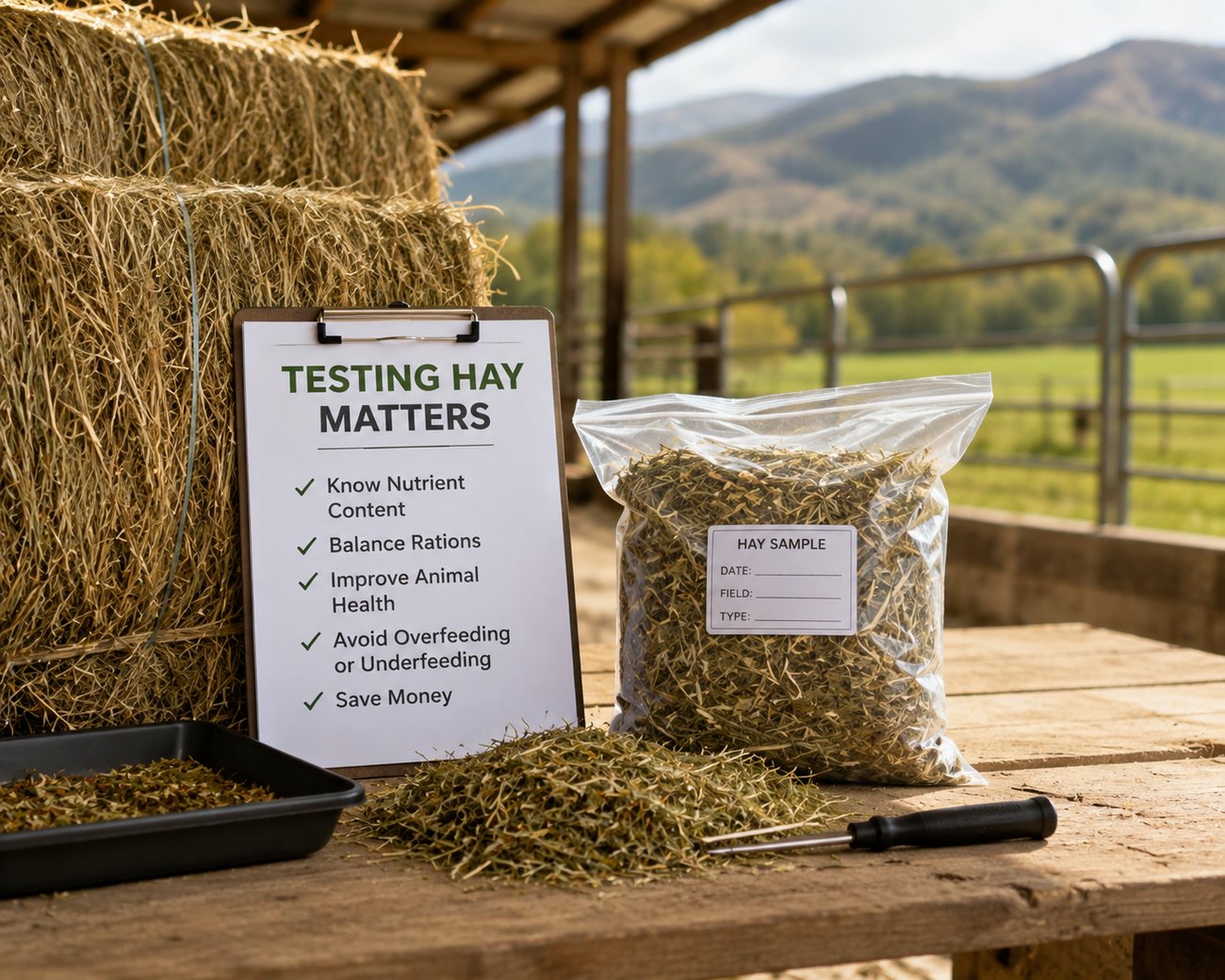 imaging showing hay and hay sample in a plastic bag