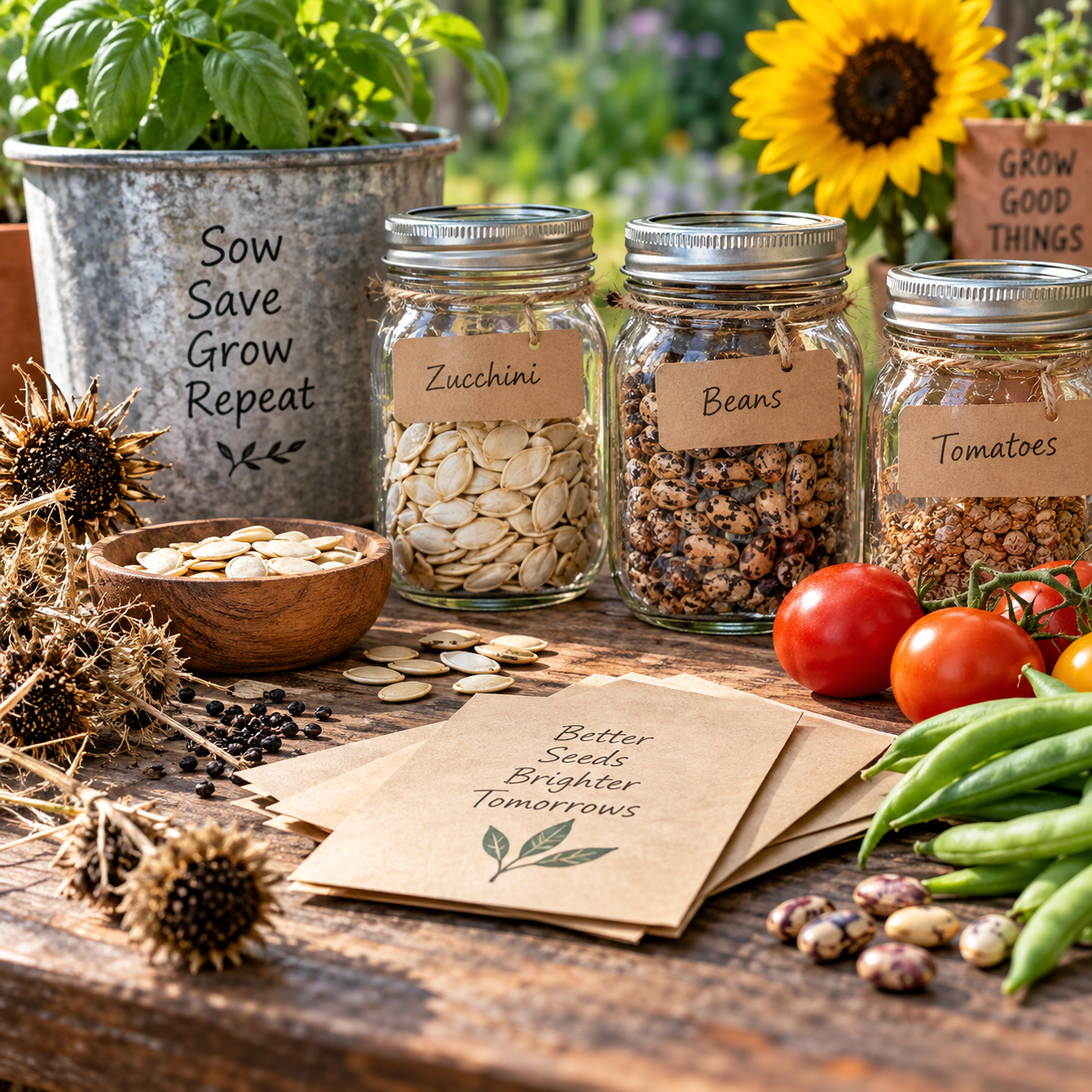 Seeds sitting on a table with vegetables