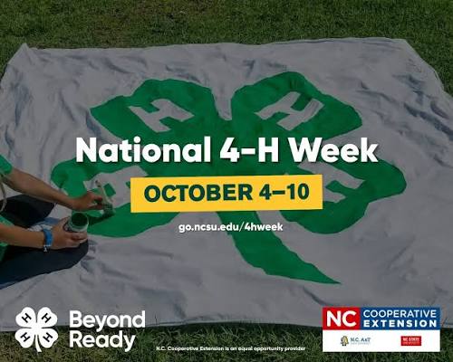 Branded social media graphic announcing National 4-H Week, October 4–10, with the theme "Beyond Ready." A large green 4-H clover flag is displayed on grass with a person sitting nearby. NC Cooperative Extension, N.C. A&T State University, and NC State University logos appear at the bottom.