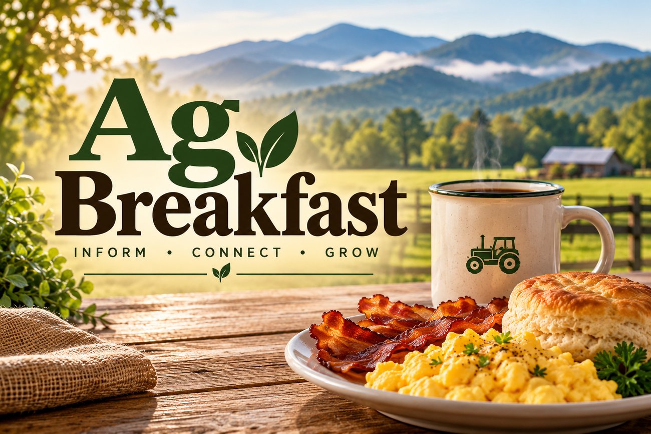 Farmhouse breakfast with eggs, bacon, biscuit, coffee, and mountain landscape