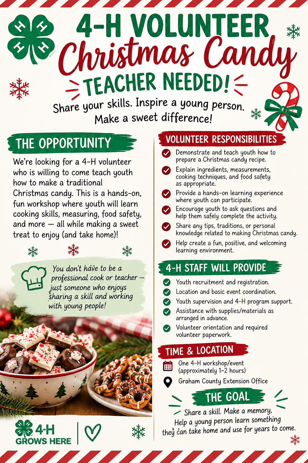 A festive flyer recruiting 4-H volunteers to teach youth how to make Christmas candy