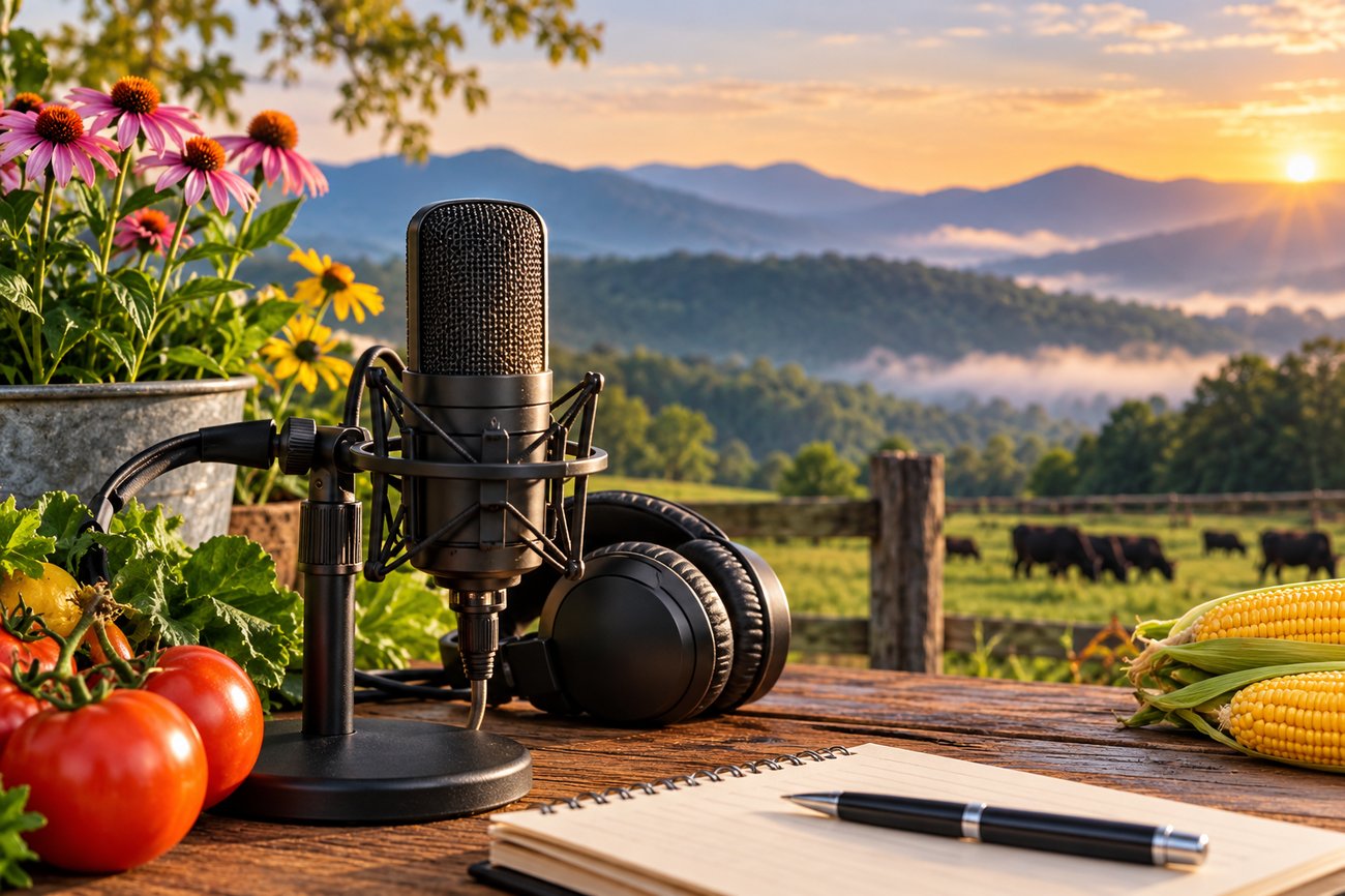 A microphone and headphones on a wooden table overlooking mountains at sunset