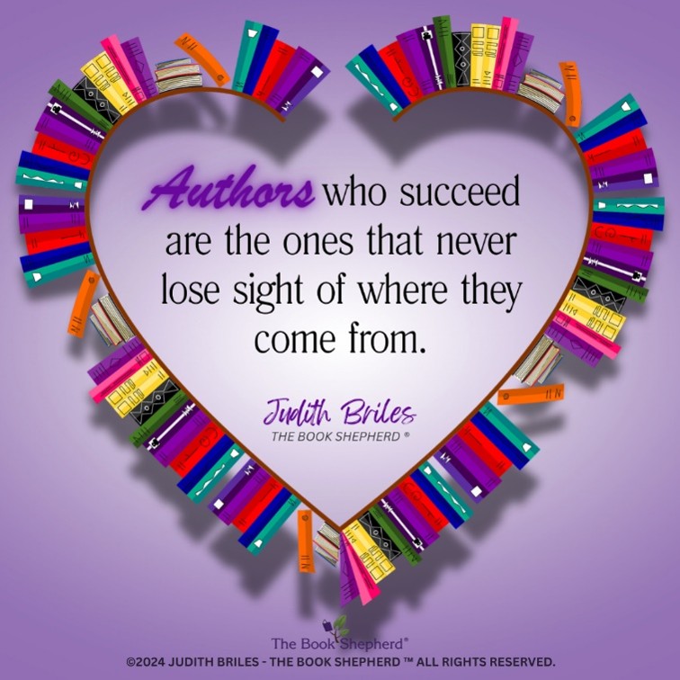 Colorful books form a heart around a quote about authors and remembering their origins. Colorful books form a heart around a quote about authors and remembering their origins.
