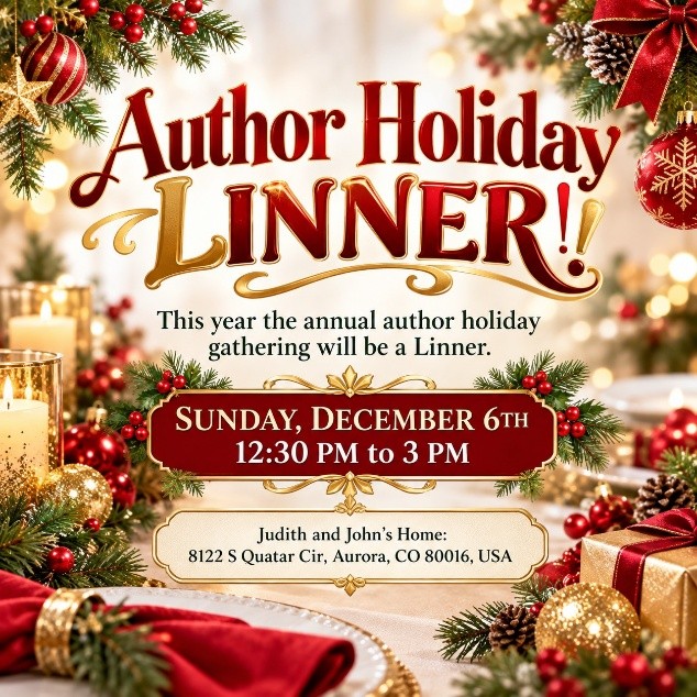 Holiday invitation announcing an author dinner with festive Christmas decorations Holiday invitation announcing an author dinner with festive Christmas decorations