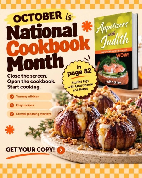 National Cookbook Month graphic featuring stuffed figs with goat cheese and honey National Cookbook Month graphic featuring stuffed figs with goat cheese and honey