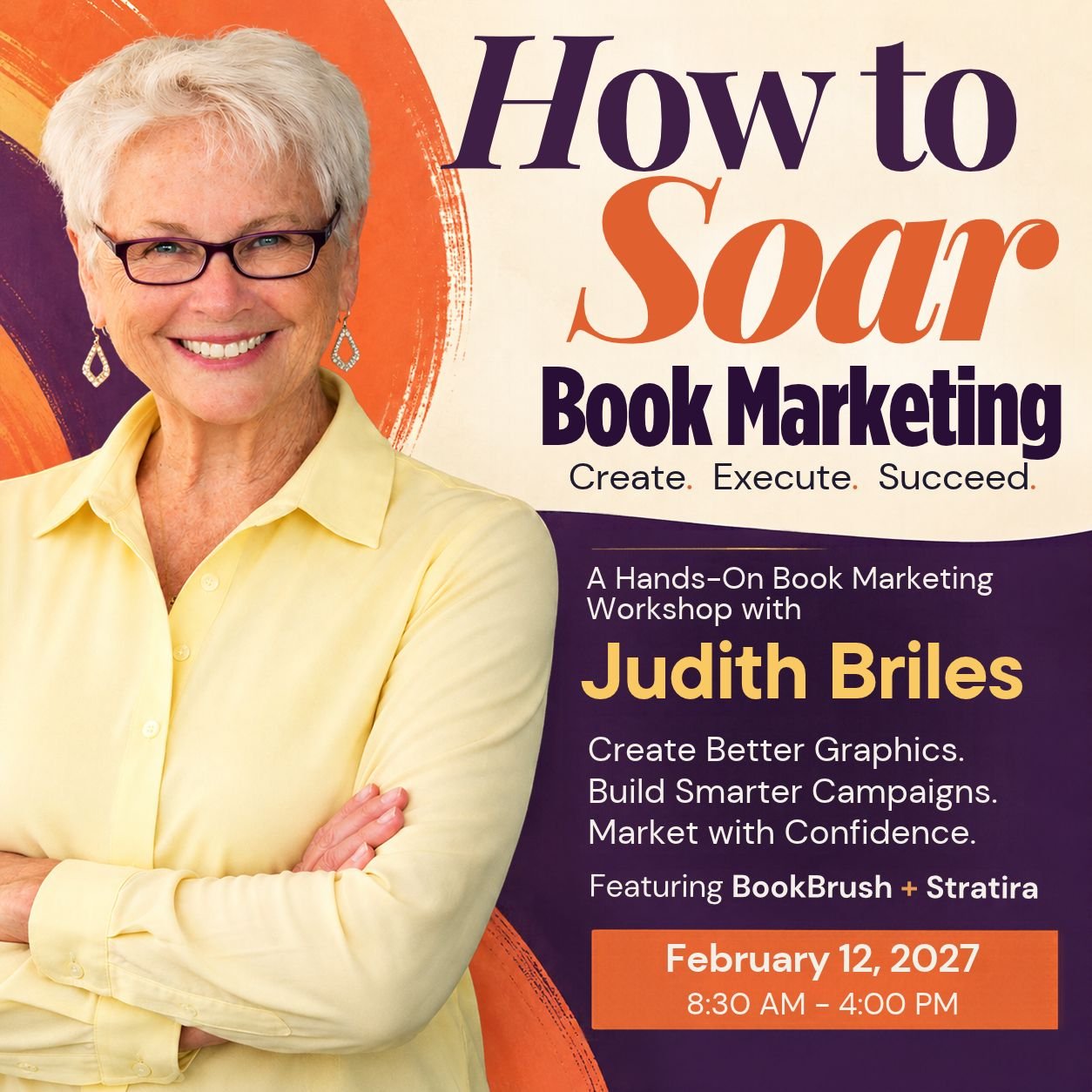 Smiling woman beside a colorful book marketing workshop announcement Smiling woman beside a colorful book marketing workshop announcement