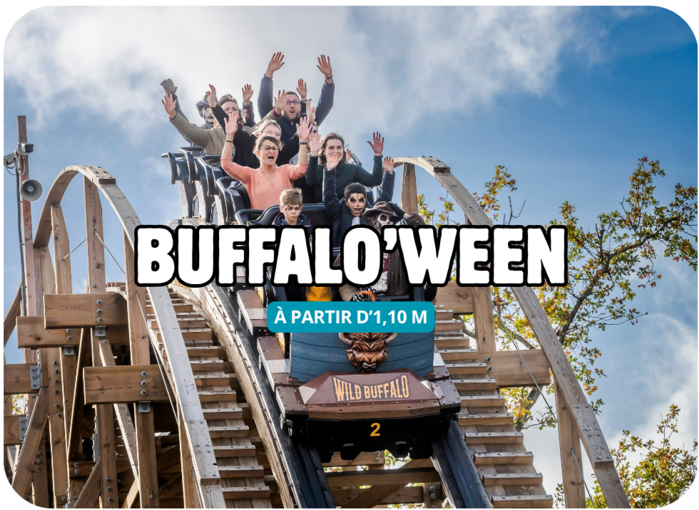 People raising their hands on a wooden roller coaster ride beneath a blue sky.