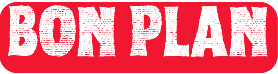 White BON PLAN lettering on a bright red rounded rectangle