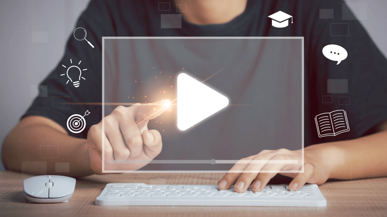 Image of person tapping a play button to symbolize online training and webinars with educational symbols like a magnifying glass, graduation cap, lightbulb, arrow on a target, chat bubble, and book. Image of person tapping a play button to symbolize online training and webinars with educational symbols like a magnifying glass, graduation cap, lightbulb, arrow on a target, chat bubble, and book.