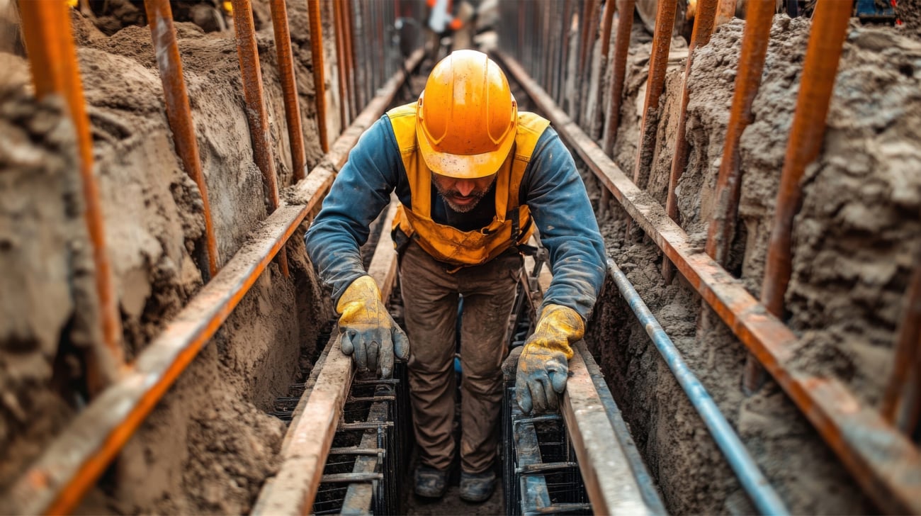 A construction worker in a trench, practicing trench safety practices.