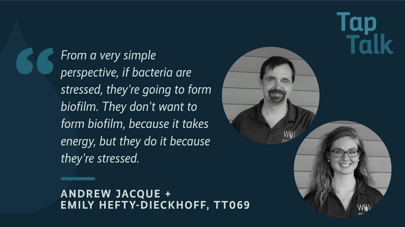 Image with headshots of the featured podcast guests with the following text: "From a very simple perspective, if bacteria are stressed, they're going to form biofilm. They don't want to form biofilm, because it takes energy, but they do it because they're stressed. Andrew Jacque + Emily Hefty-Dieckhoff, TT069" Image with headshots of the featured podcast guests with the following text: "From a very simple perspective, if bacteria are stressed, they're going to form biofilm. They don't want to form biofilm, because it takes energy, but they do it because they're stressed. Andrew Jacque + Emily Hefty-Dieckhoff, TT069"