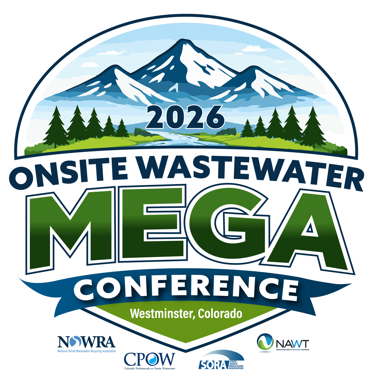 The promotional graphic for the 2026 Onsite Wastewater Mega-Conference (sponsored by NOWRA, CPOW, SORA, and NAWT), and set for October 25-28, 2026.