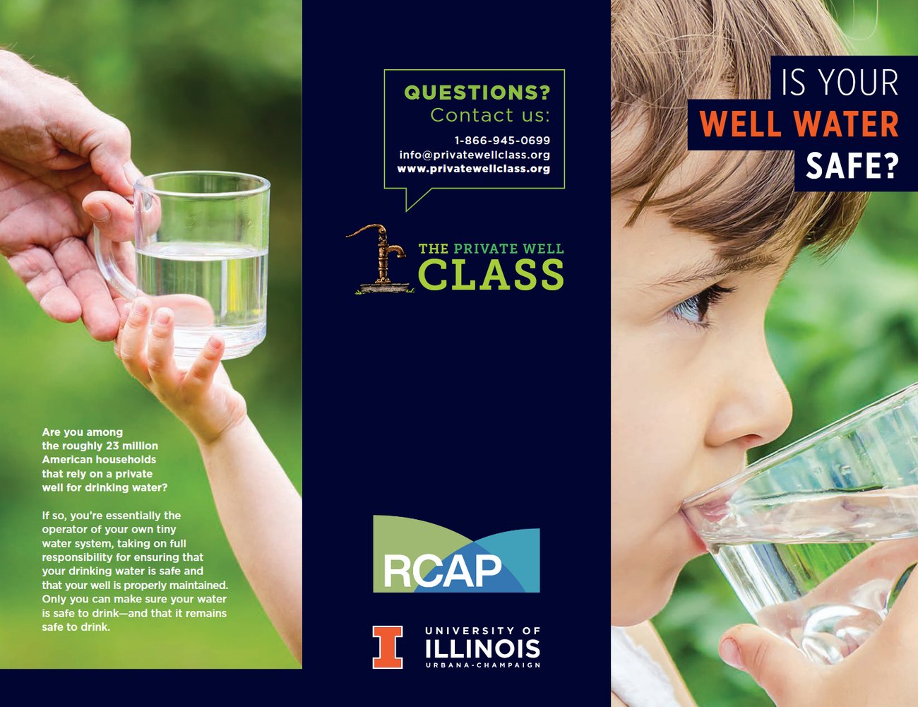 Three panels of the English-language version of the "Is Your Well Water Safe?" brochure.