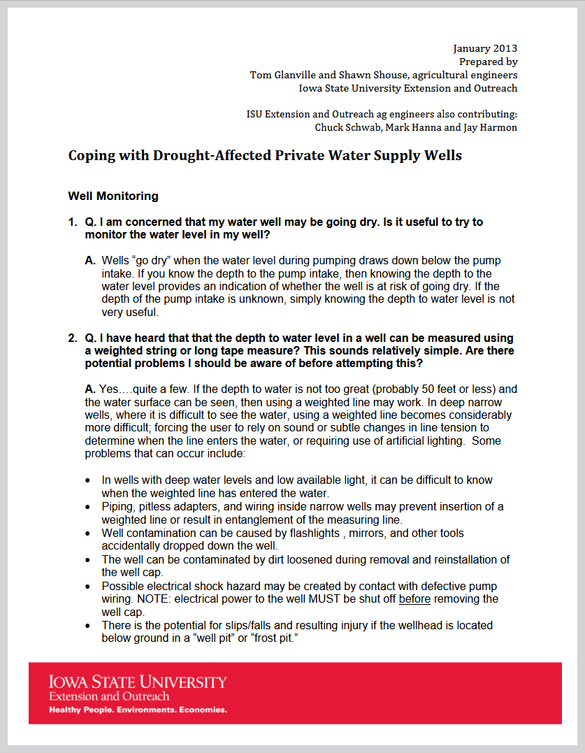 The first page of document "Coping with Drought-Affected Private Water Supply Wells," published by Iowa State University Extension.