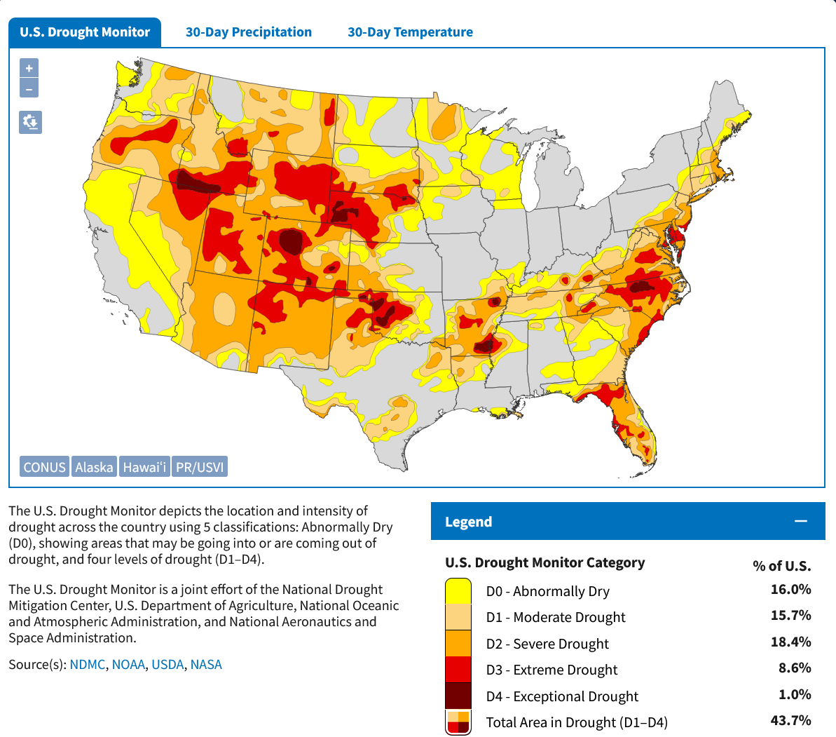 A screenshot of drought conditions in the United States as of June 23, 2026, as recorded by the National Integrated Drought Information System. 