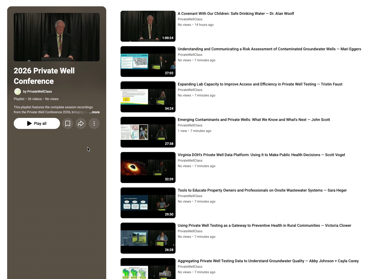 A screenshot of the 2026 Private Well Conference presentation recordings in their YouTube playlist.