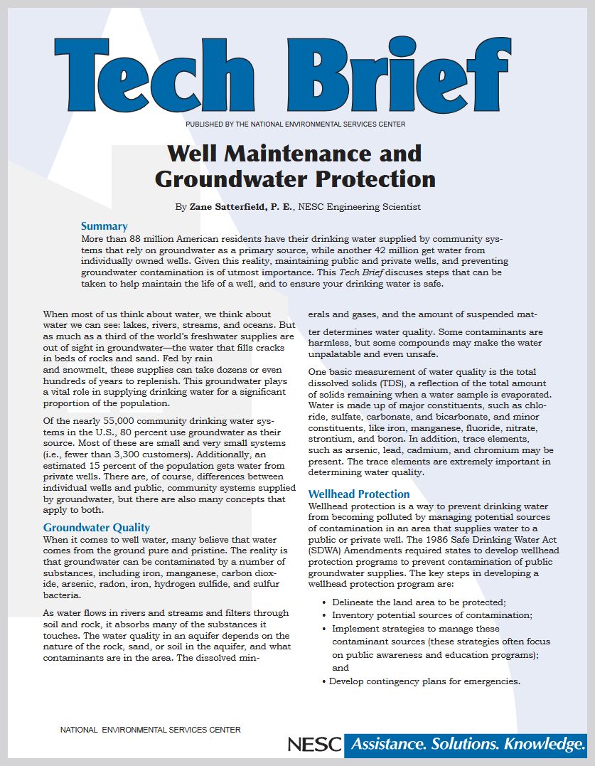 The front page of the document "Well Maintenance and Groundwater Protection" by the National Environmental Services Center.