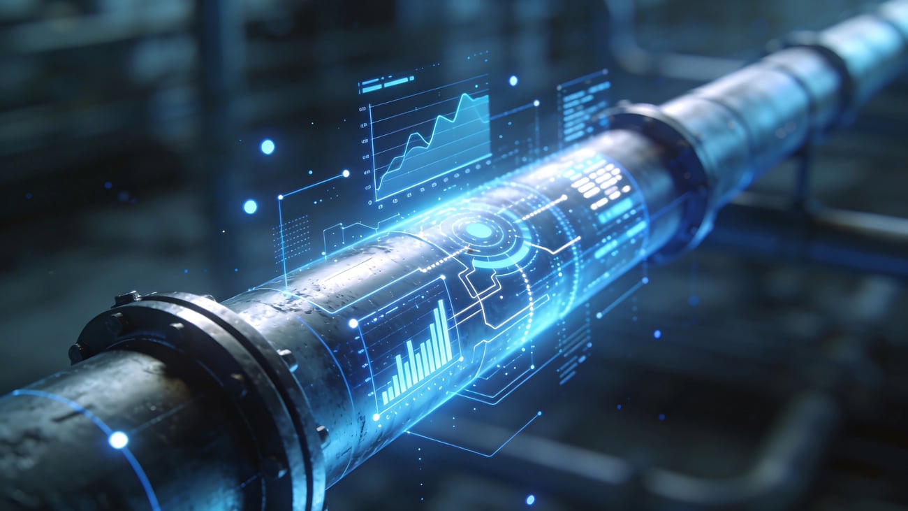 Header image of water pipe with overlay of data, charts, graphs Header image of water pipe with overlay of data, charts, graphs