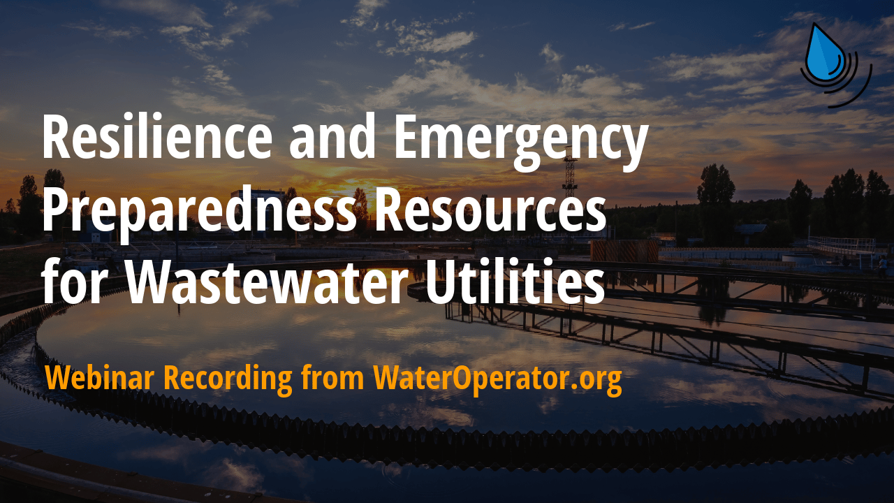 Wastewater treatment facility at sunset with emergency preparedness resource title