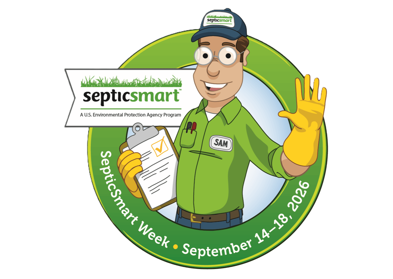 The promotional graphic for SepticSmart Week 2026 (September 14-18), sponsored by the US Environmental Protection Agency. A digitally drawn septic professional named "Septic Sam" waves at the viewer.