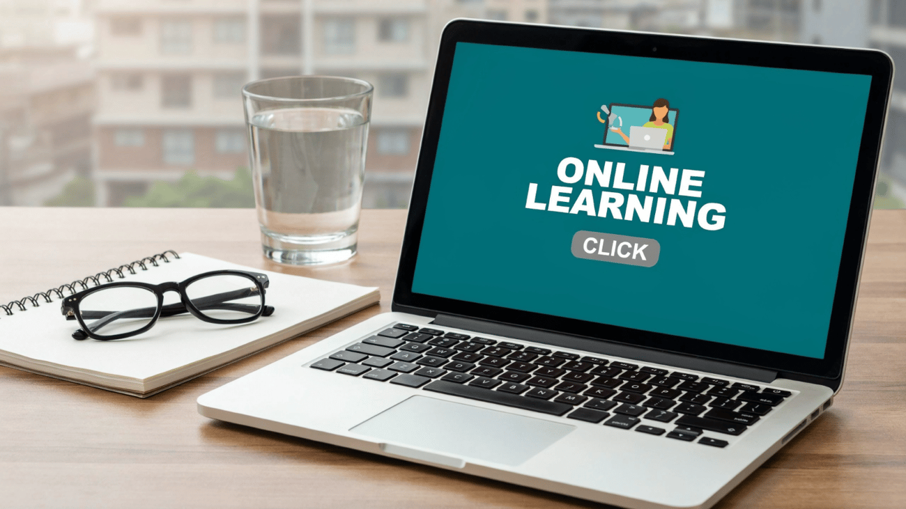 Image of laptop with "Online Learning, click" with a notebook, pair of glasses, and glass of water