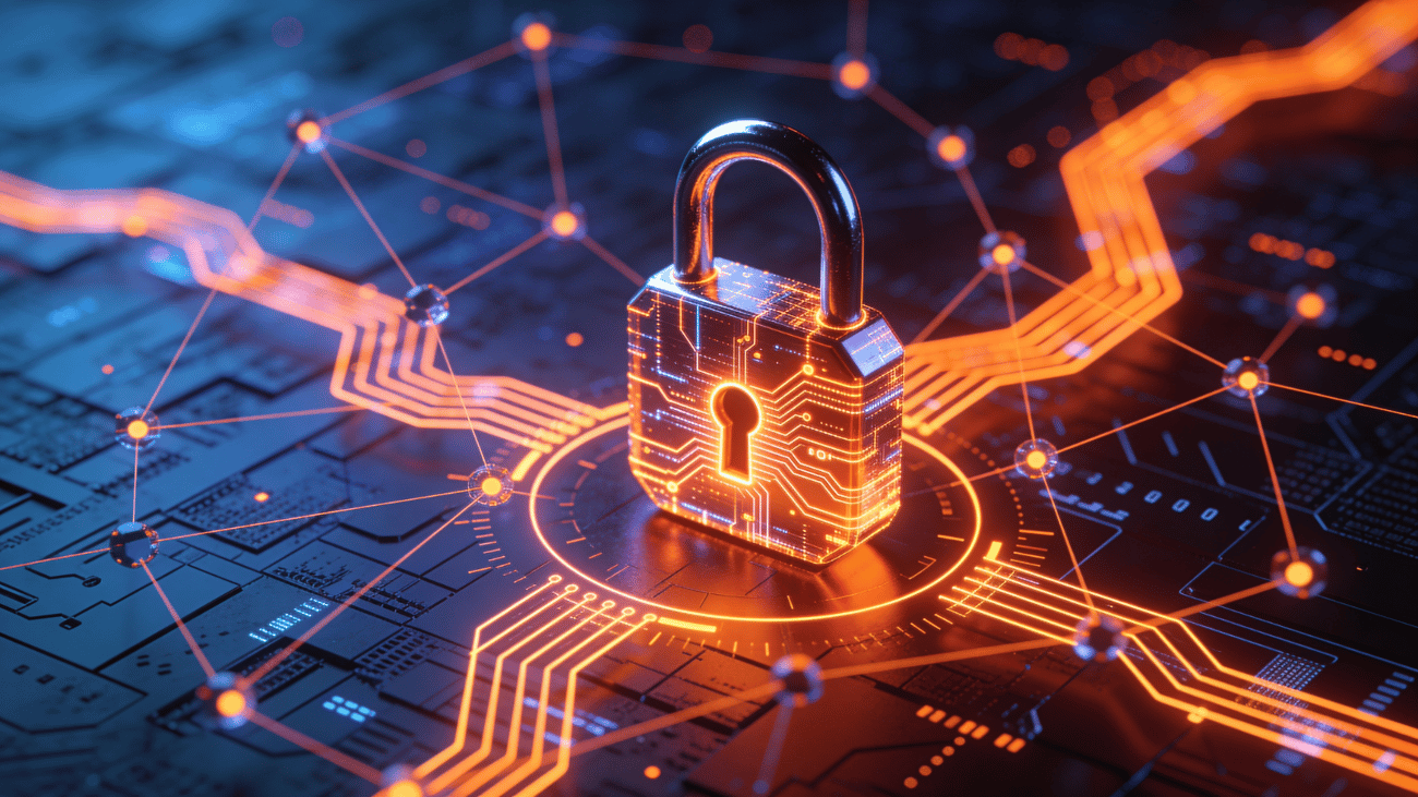 A glowing padlock surrounded by orange circuit lines on a dark blue circuit board