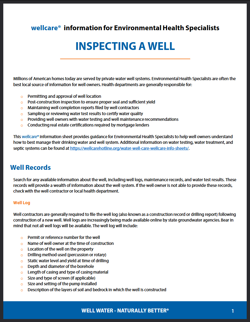 Front page of the guidance document "wellcare® Information for Environmental Health Specialists: Inspecting a Well" from the Water Systems Council.