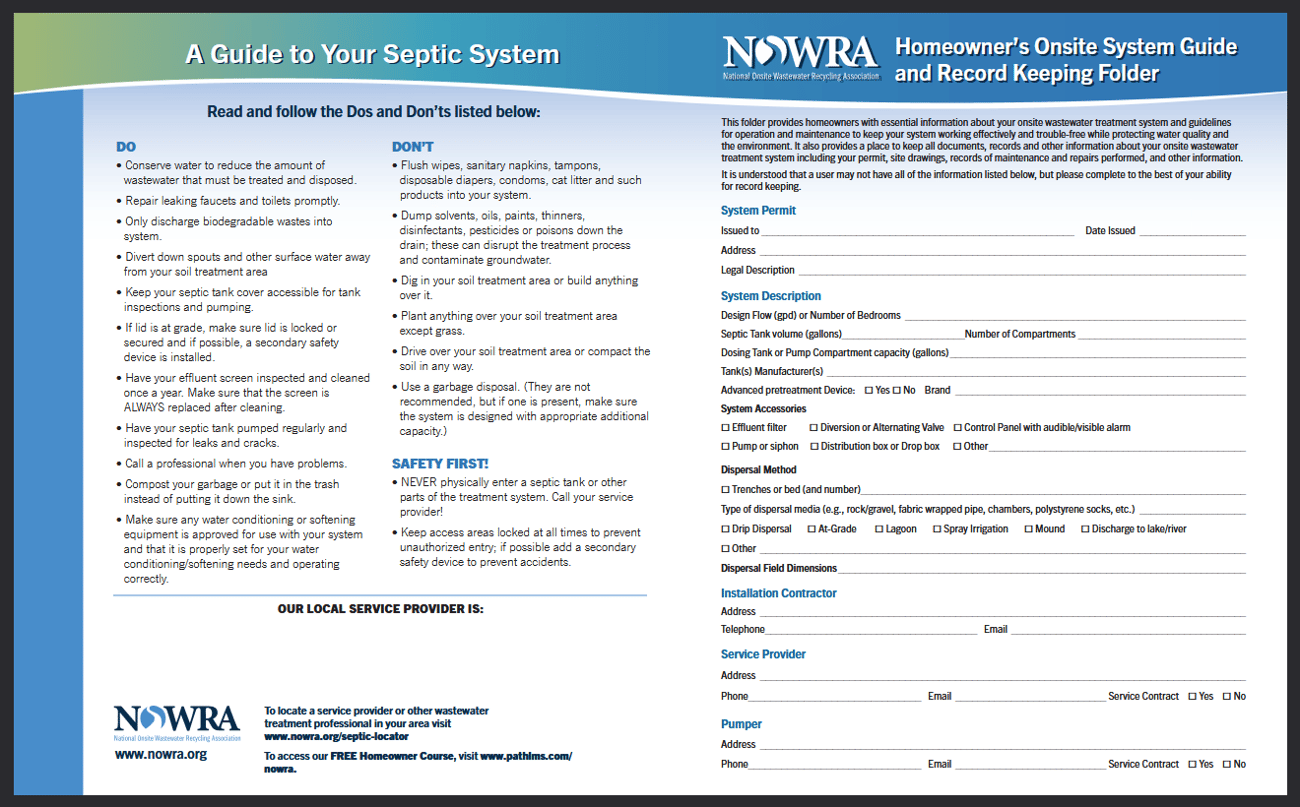 Screenshot of the document "Homeowner’s Onsite System Guide and Record Keeping Folder." 