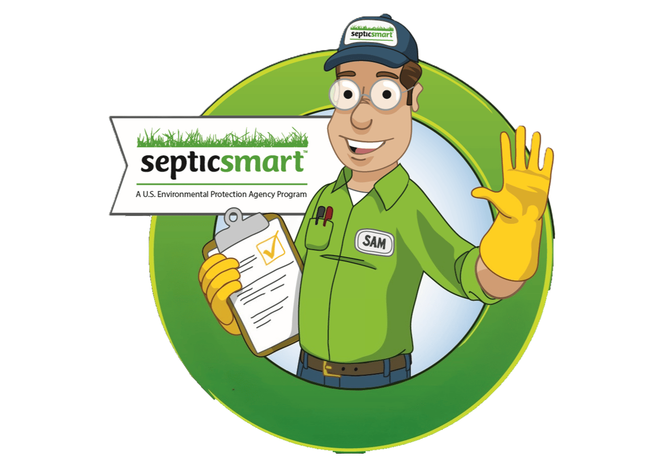 The SepticSmart logo for the US Environmental Protection Agency. Features mascot Septic Sam waving to the viewer.