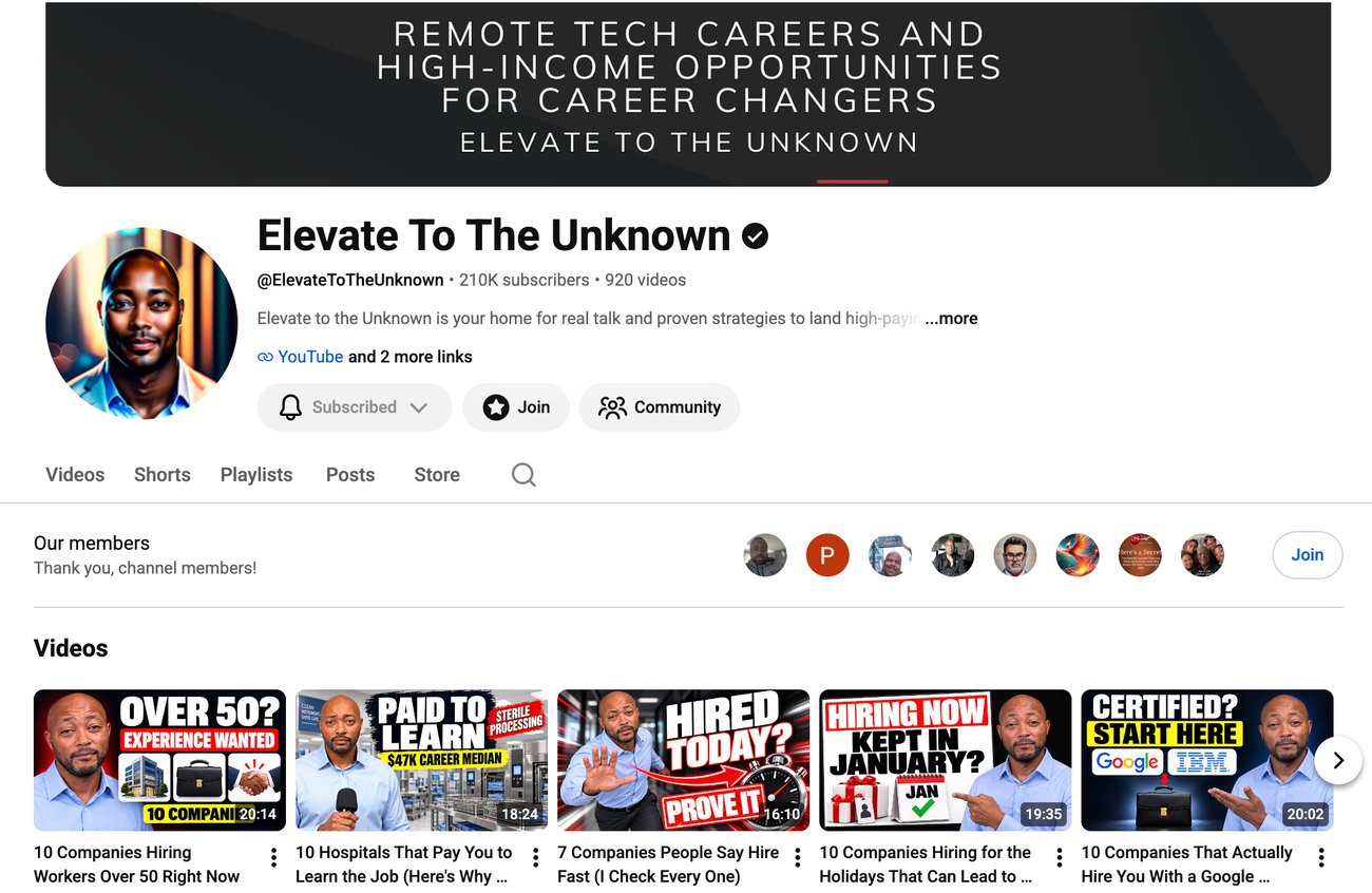 YouTube channel page promoting remote tech careers and high-income opportunities