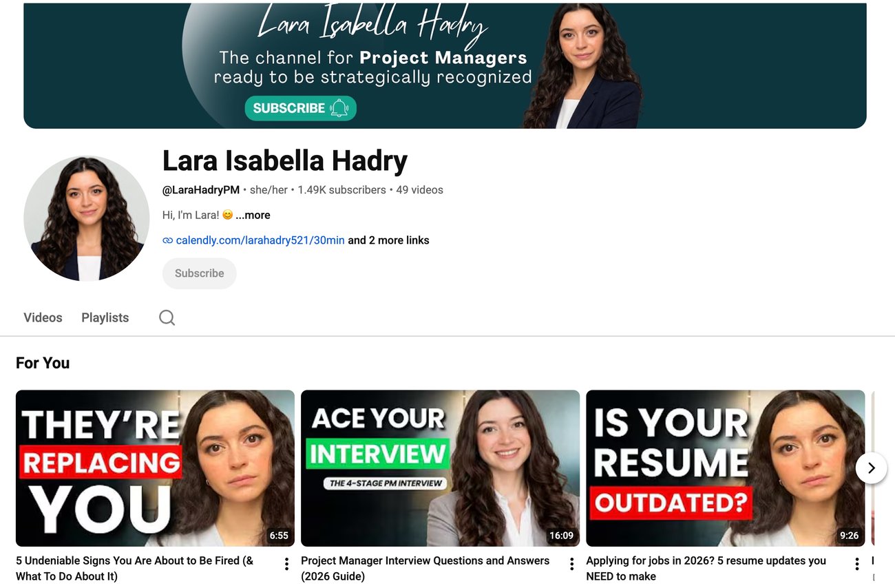 A project management YouTube channel page featuring a woman and video thumbnails