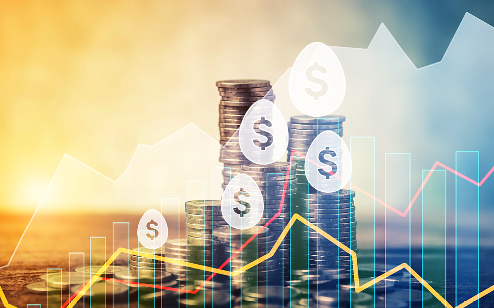 A growing graph with a overlay of coins and dollar signs.