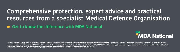 MDA National banner: Comprehensive protection, expert advice and practical resources from a specialist Medical Defence Organisation. Get to know the difference with MDA National