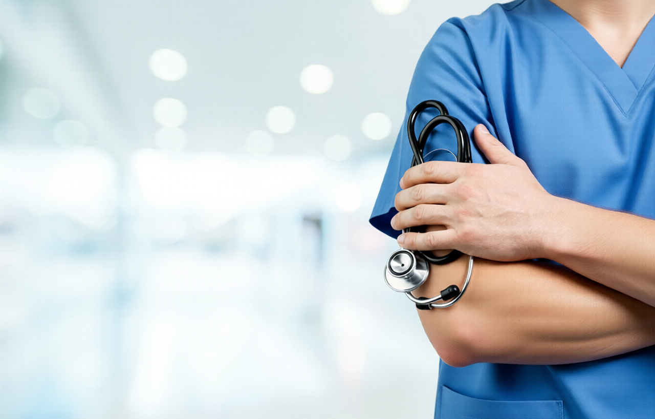 A doctor standing in a hospital corridor